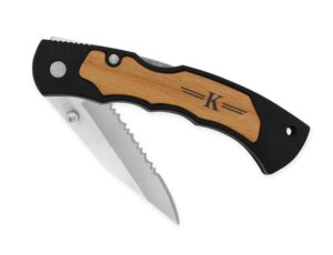 dimension 9 laser engraved alder wood personalized stainless steel blade folding pocket knife with clip, k initial, black