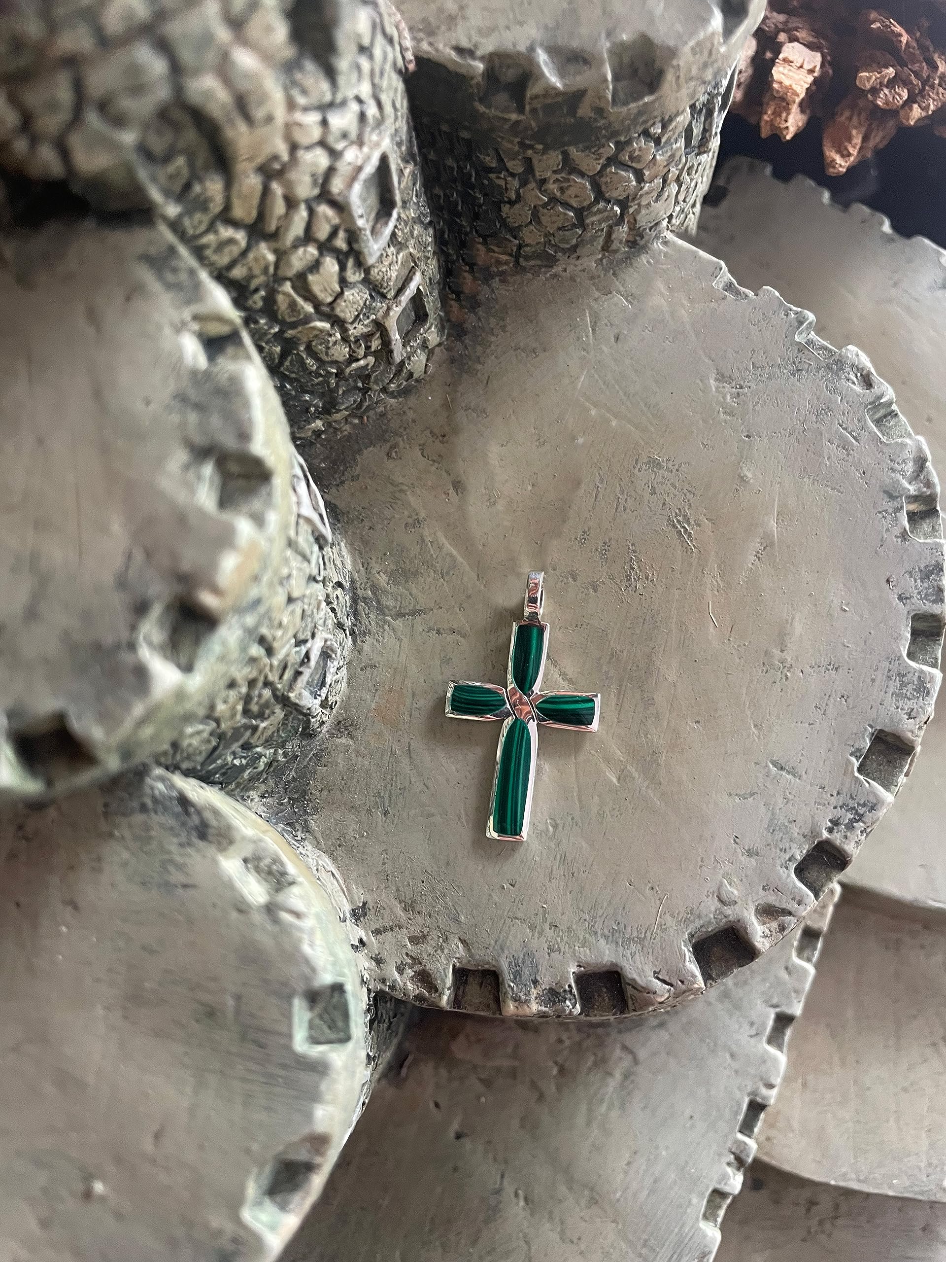 Jewelry Trends Sterling Silver Cross Pendant with Green Created Malachite Stone