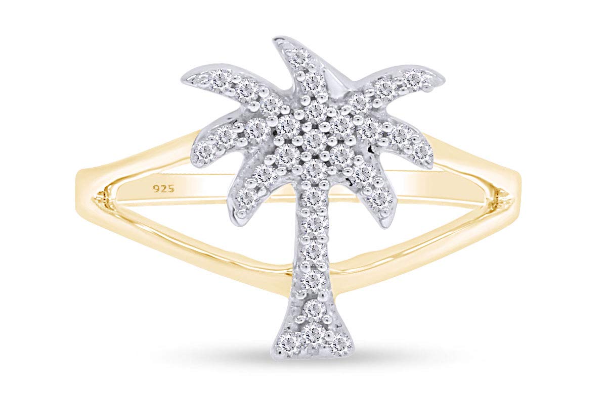 Jewel Zone US White Cubic Zirconia Palm Tree Shape Band Ring in 14k Yellow Gold Over Sterling Silver