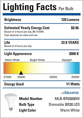 Maxxima LED BR30 65 Watt Equivalent Dimmable 8 Watt Light Bulb Warm White 720 Lumens Energy Star, 3000K (Pack of 6)