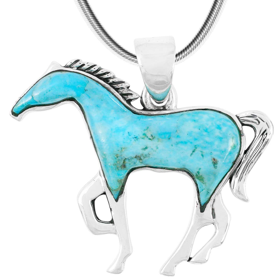 Horse Necklace Sterling Silver & Genuine Turquoise Pendant & 20" Chain (Turquoise)