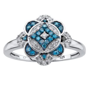 PalmBeach Platinum-plated Sterling Silver Round Genuine Blue and White Diamond Floral Ring (1/5 cttw, I Color, I3 Clarity) Sizes 6-10 Size 6