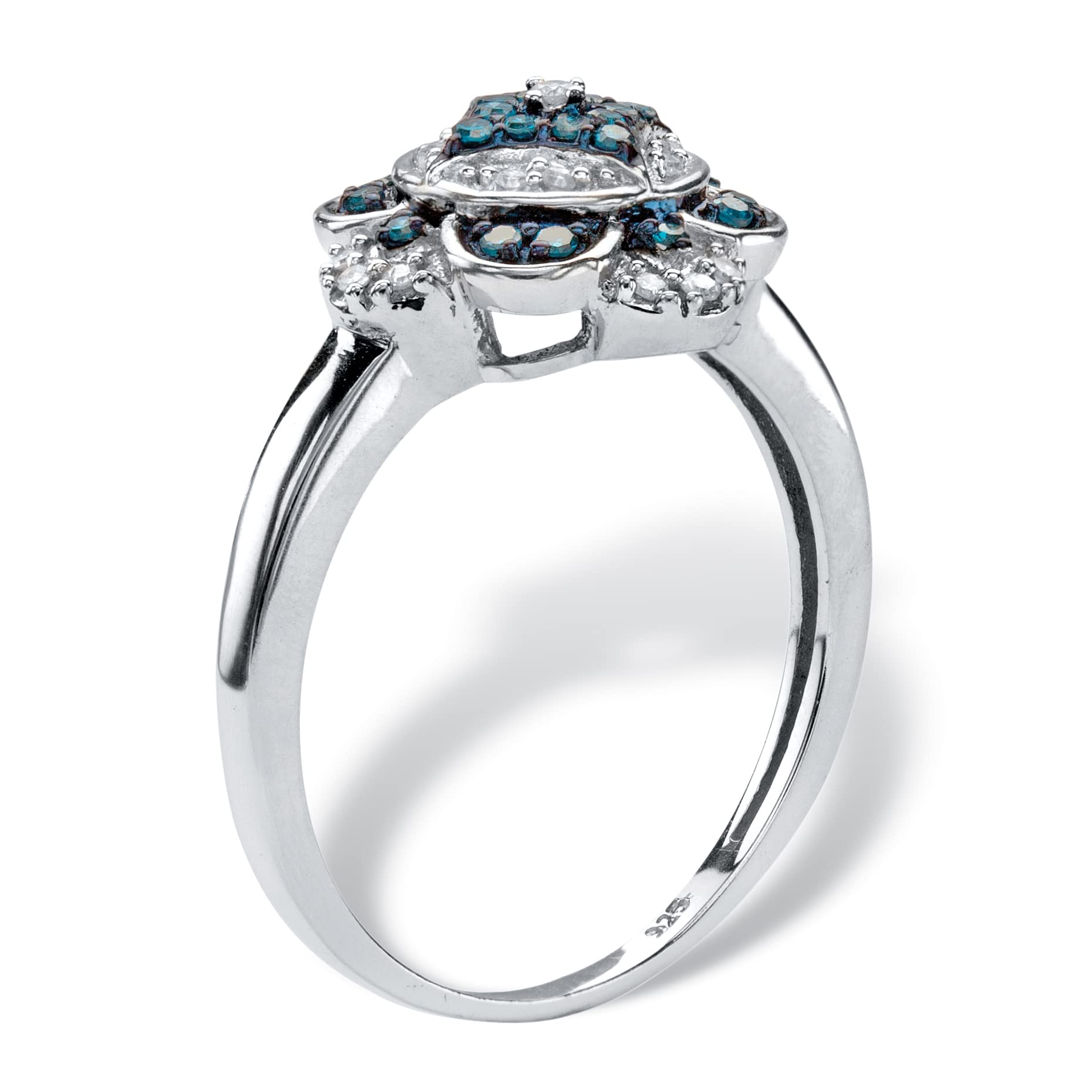 PalmBeach Platinum-plated Sterling Silver Round Genuine Blue and White Diamond Floral Ring (1/5 cttw, I Color, I3 Clarity) Sizes 6-10 Size 6