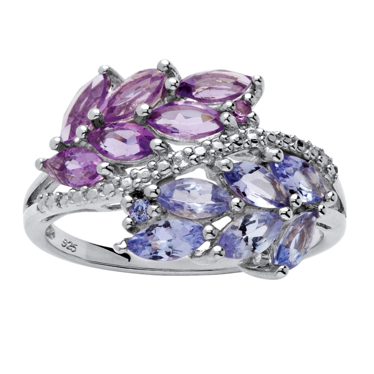 PalmBeach Platinum-Plated Silver Marquise Cut Genuine Amethyst with Marquise Genuine Tanzanite or Topaz and Sapphire Leaf Motif Ring Size 6