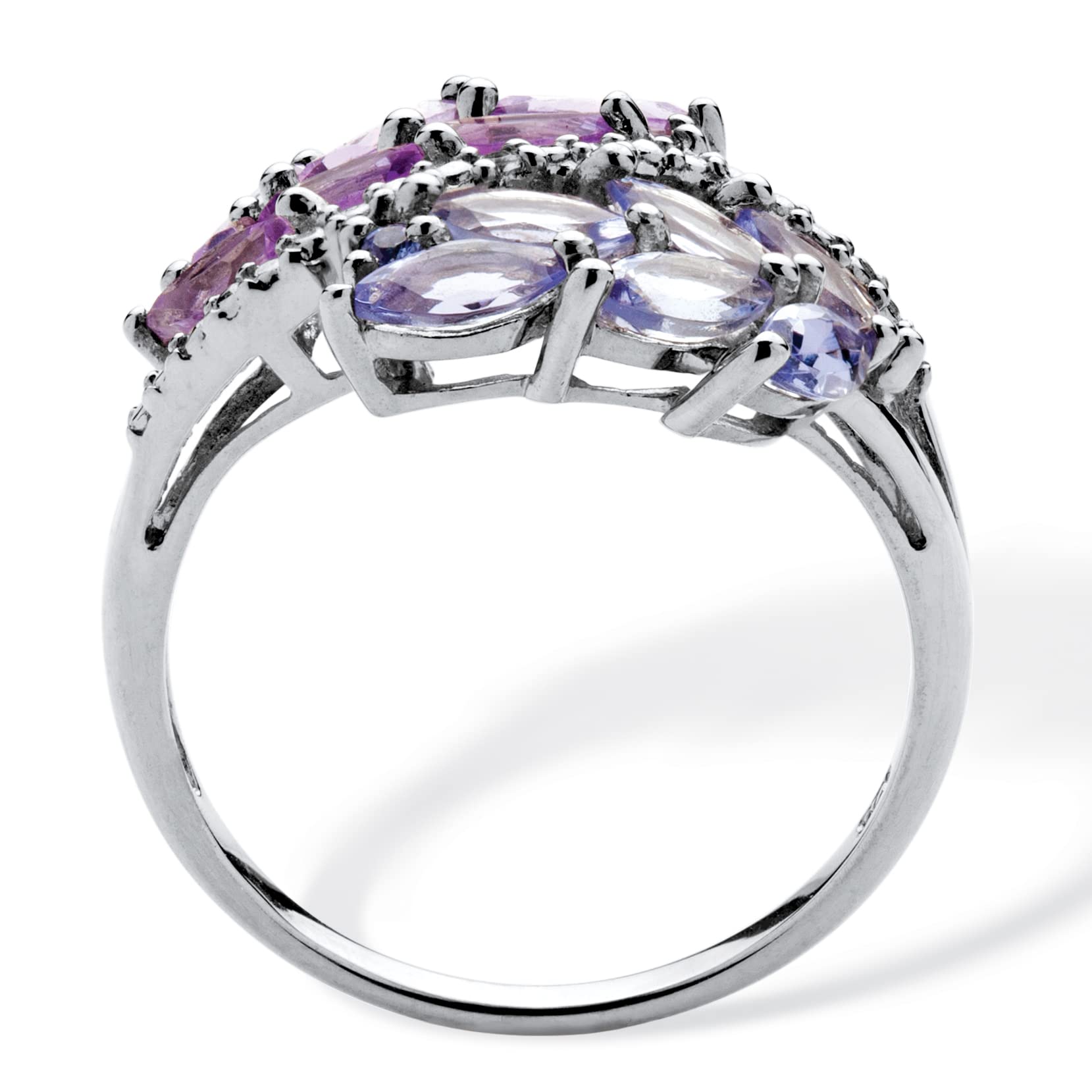 PalmBeach Platinum-Plated Silver Marquise Cut Genuine Amethyst with Marquise Genuine Tanzanite or Topaz and Sapphire Leaf Motif Ring Size 6