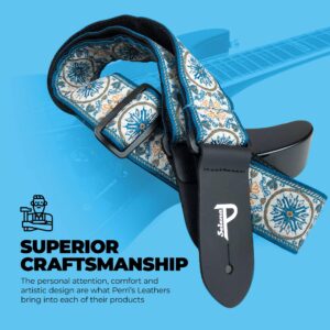 Perris Leather Guitar Strap - The Hope Collection - Mandala Design Polyester Guitar Strap, with Leather Ends - Electric/Acoustic/Bass Guitar Strap - Adjustable Strap From 39″ to 58″ - Blue