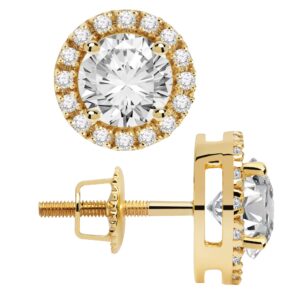 Everyday Elegance 14K Solid Yellow Gold Stud Earrings Round "Halo" Cubic Zirconia Screw Back Posts 1.20 CTW With Gift Box