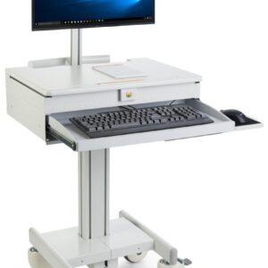 Displays2go Mobile Desk with Monitor Display & Keyboard Tray, Locking Wheels, Steel, Plastic, MDF – Gray (DWMDC1M)