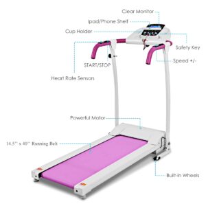 Goplus 800W Folding Treadmill Electric Motorized Power Fitness Running Machine with LED Display and Mobile Phone Holder Perfect for Home Use (Pink)