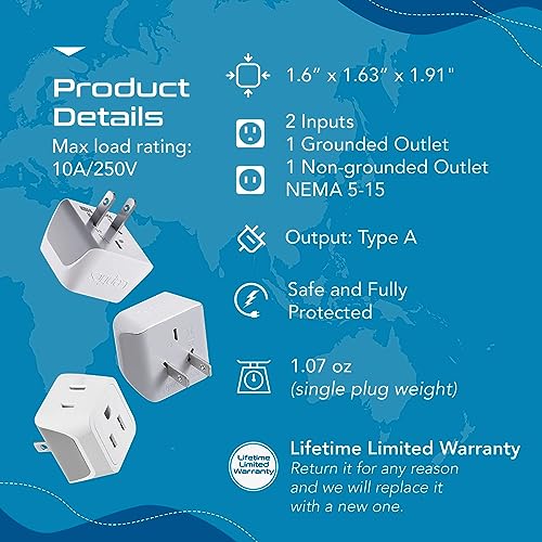 Japan, Philippines Travel Adapter Plug by Ceptics - USA 3 Pin Polarized to 2 Prong Unpolarized - Type A (3 Pack) - Dual Inputs - Ultra Compact - Perfect for Cell Phones, Tablet, Camera Chargers (CT-6)