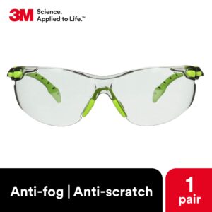 3M Safety Glasses, Solus 1000, S1207SGAF, ANSI Z87, Scotchgard Anti-Fog Lens, Green/Black Frame, Indoor/Outdoor Gray Lens, Padded Temple, Soft Nosebridge, UV Protection, Premium Eye Protection