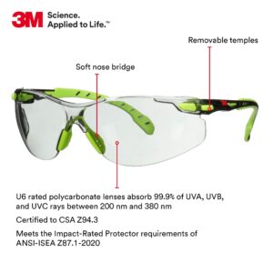 3M Safety Glasses, Solus 1000, S1207SGAF, ANSI Z87, Scotchgard Anti-Fog Lens, Green/Black Frame, Indoor/Outdoor Gray Lens, Padded Temple, Soft Nosebridge, UV Protection, Premium Eye Protection