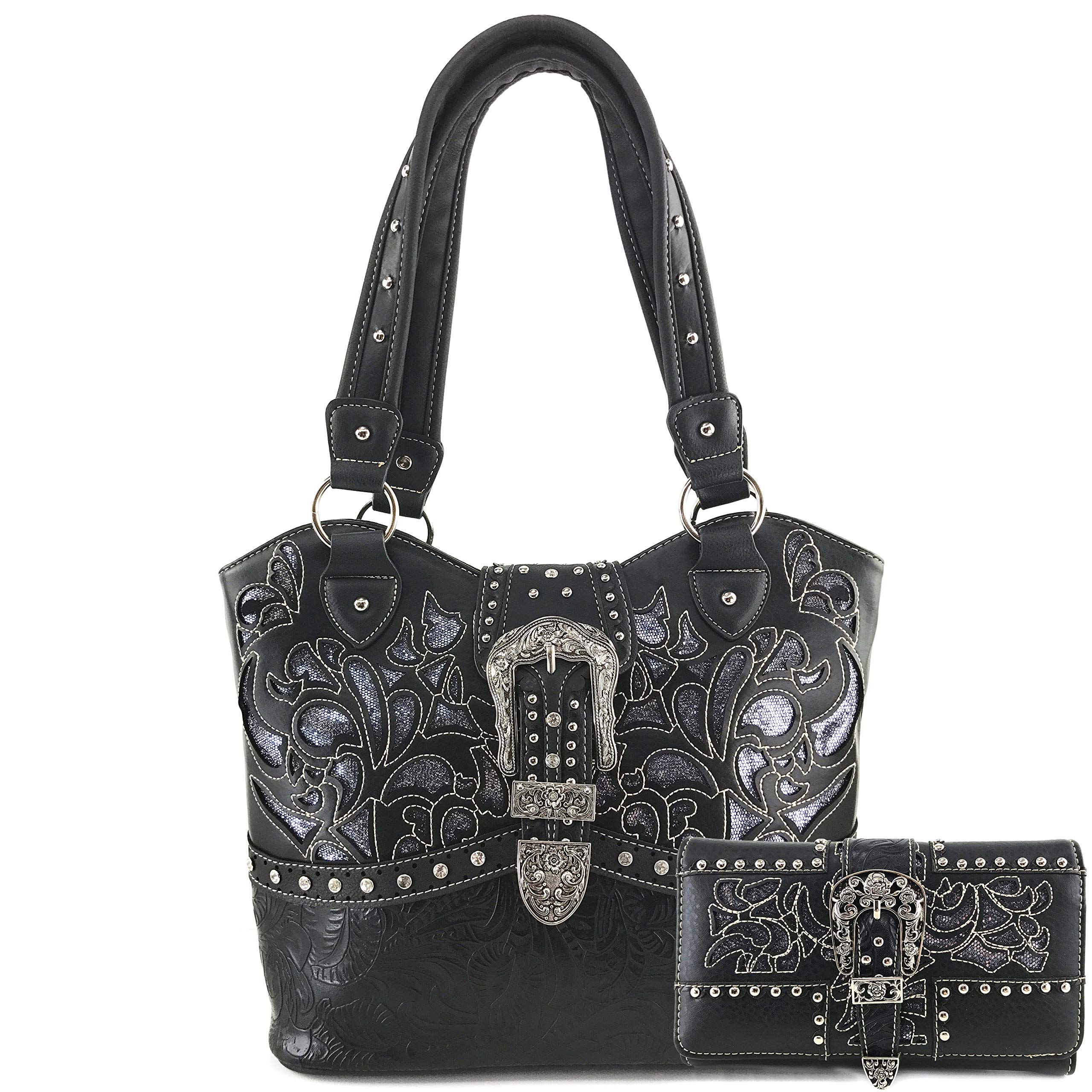 Justin West Western Brown Purse Tooled Laser Cut Floral Design Studs Rhinestone Buckle Concealed Carry Handbag With Trifold Wristlet Cross Body Strap Wallet Set (Black Tote)