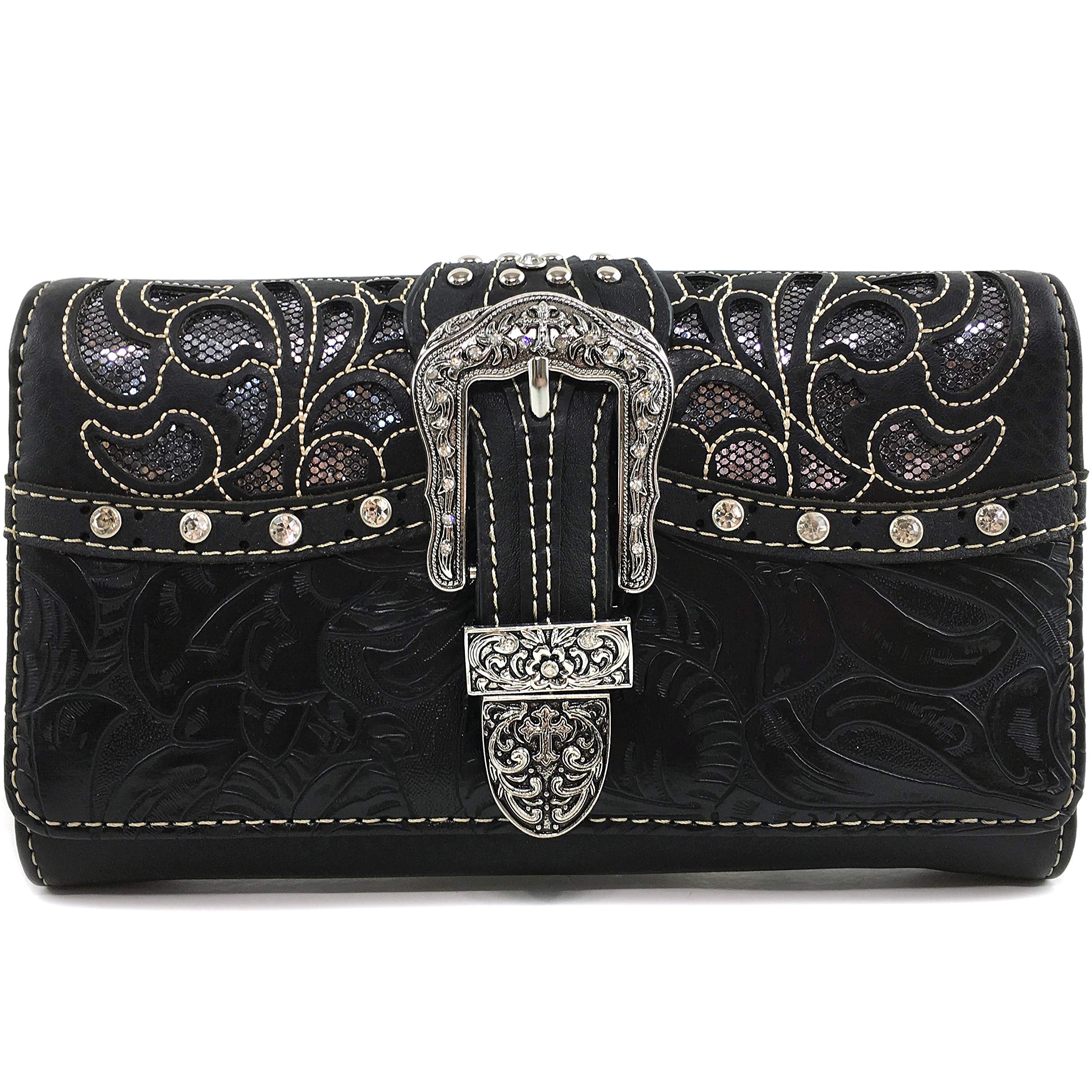 Justin West Western Brown Purse Tooled Laser Cut Floral Design Studs Rhinestone Buckle Concealed Carry Handbag With Trifold Wristlet Cross Body Strap Wallet Set (Black Tote)