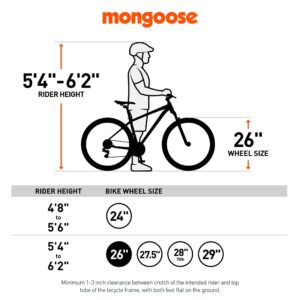 Mongoose Status 2.2 Mountain Bike for Men and Women, 26-Inch Wheels, 21-Speed Shifters, Aluminum Frame, Front Suspension, Black/Red