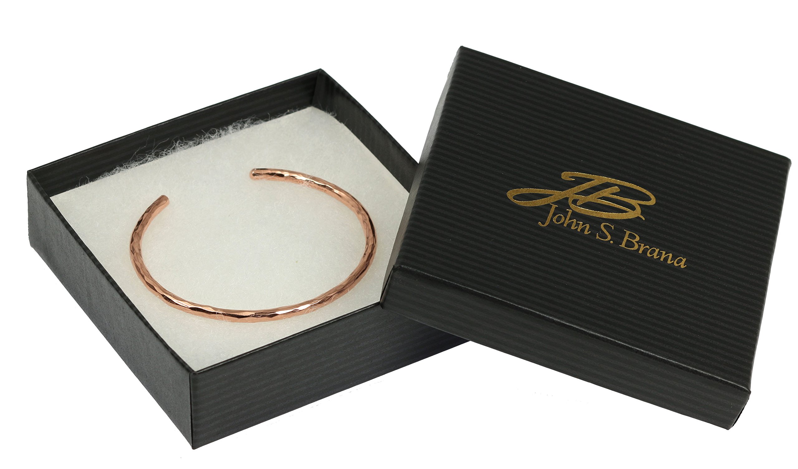 John S. Brana 3mm Hammered Copper Cuff Bracelet Handmade Jewelry - 100% Solid Uncoated Copper (6.5)