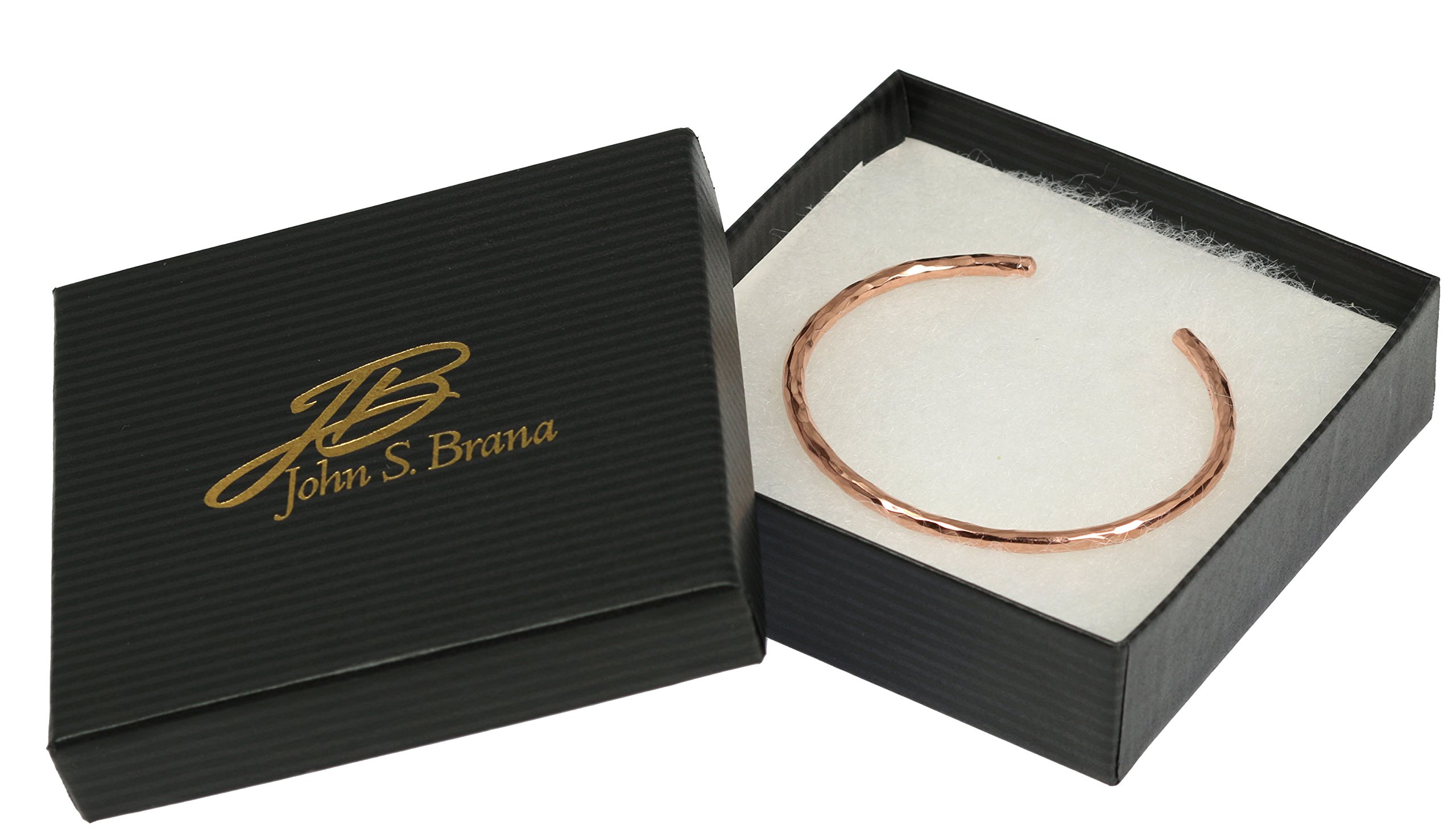 John S. Brana 3mm Hammered Copper Cuff Bracelet Handmade Jewelry - 100% Solid Uncoated Copper (6.5)