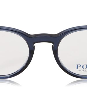 Polo Ralph Lauren Men's PH2083 Round Prescription Eyewear Frames, Shiny Transparent Blue/Demo Lens, 48 mm