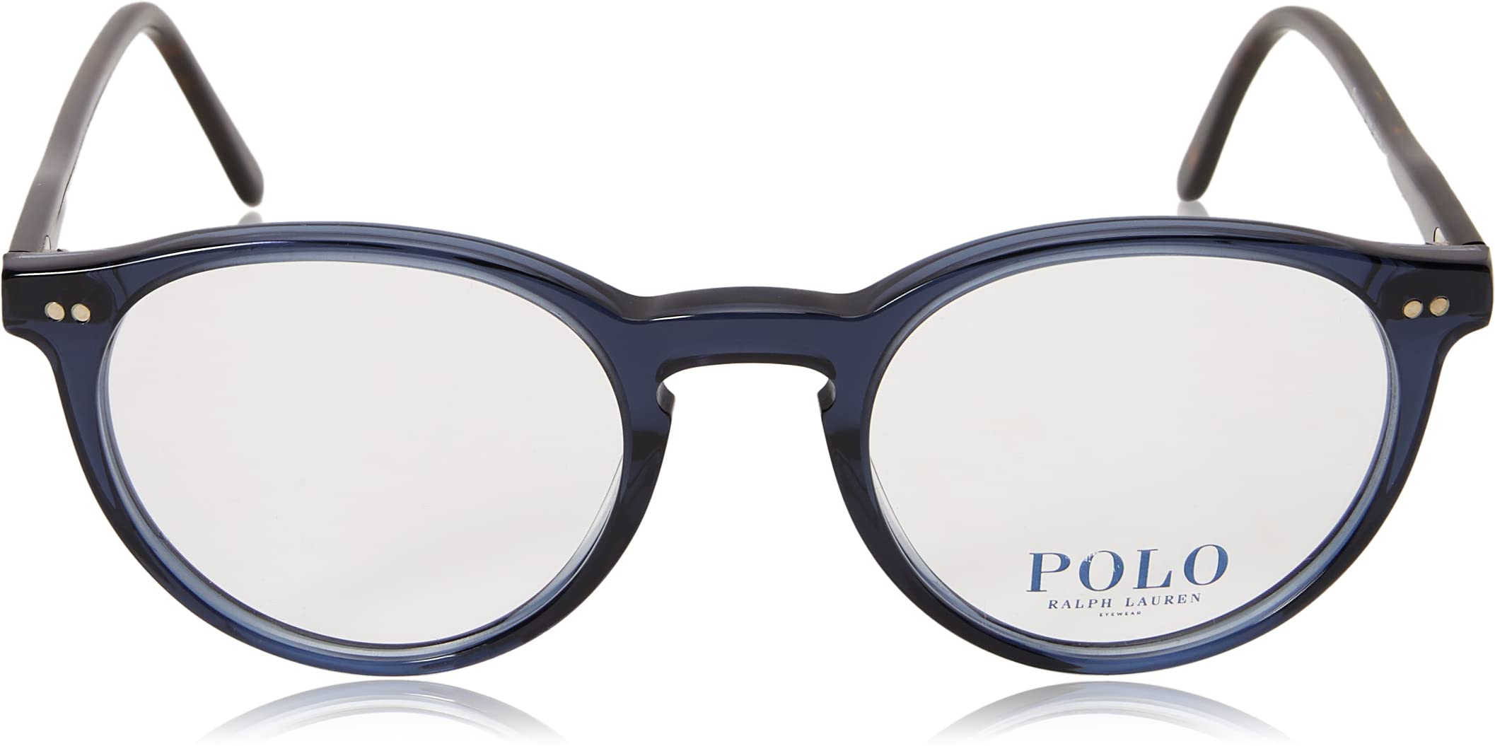 Polo Ralph Lauren Men's PH2083 Round Prescription Eyewear Frames, Shiny Transparent Blue/Demo Lens, 48 mm