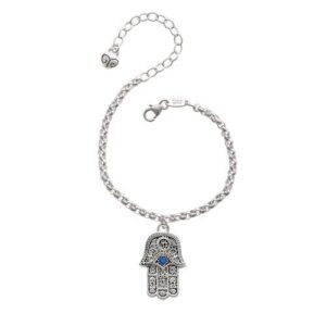 Delight Jewelry Silvertone Hamsa Hand with Blue Crystal - Charm Bracelet, 8"