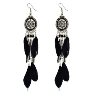 Vintage Retro Boho Ethnic Silver Plated Alloy Chain Tassel Dangle Earrings Feather Fringe Drop Long Earrings (Black)