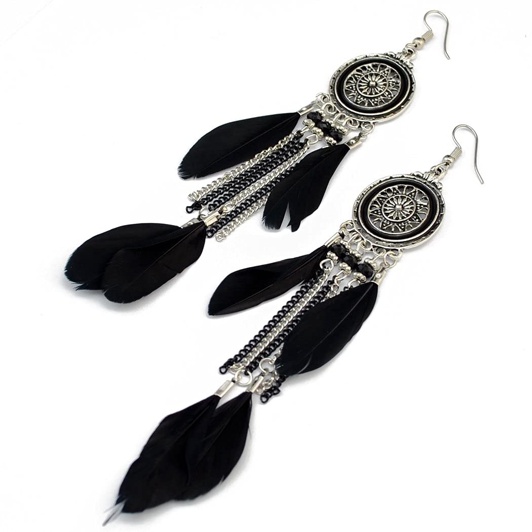 Vintage Retro Boho Ethnic Silver Plated Alloy Chain Tassel Dangle Earrings Feather Fringe Drop Long Earrings (Black)