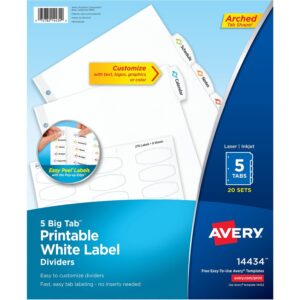 Avery Big Tab Printable White Label Dividers with Easy Peel, 5 Tabs, 20 Sets (14434)