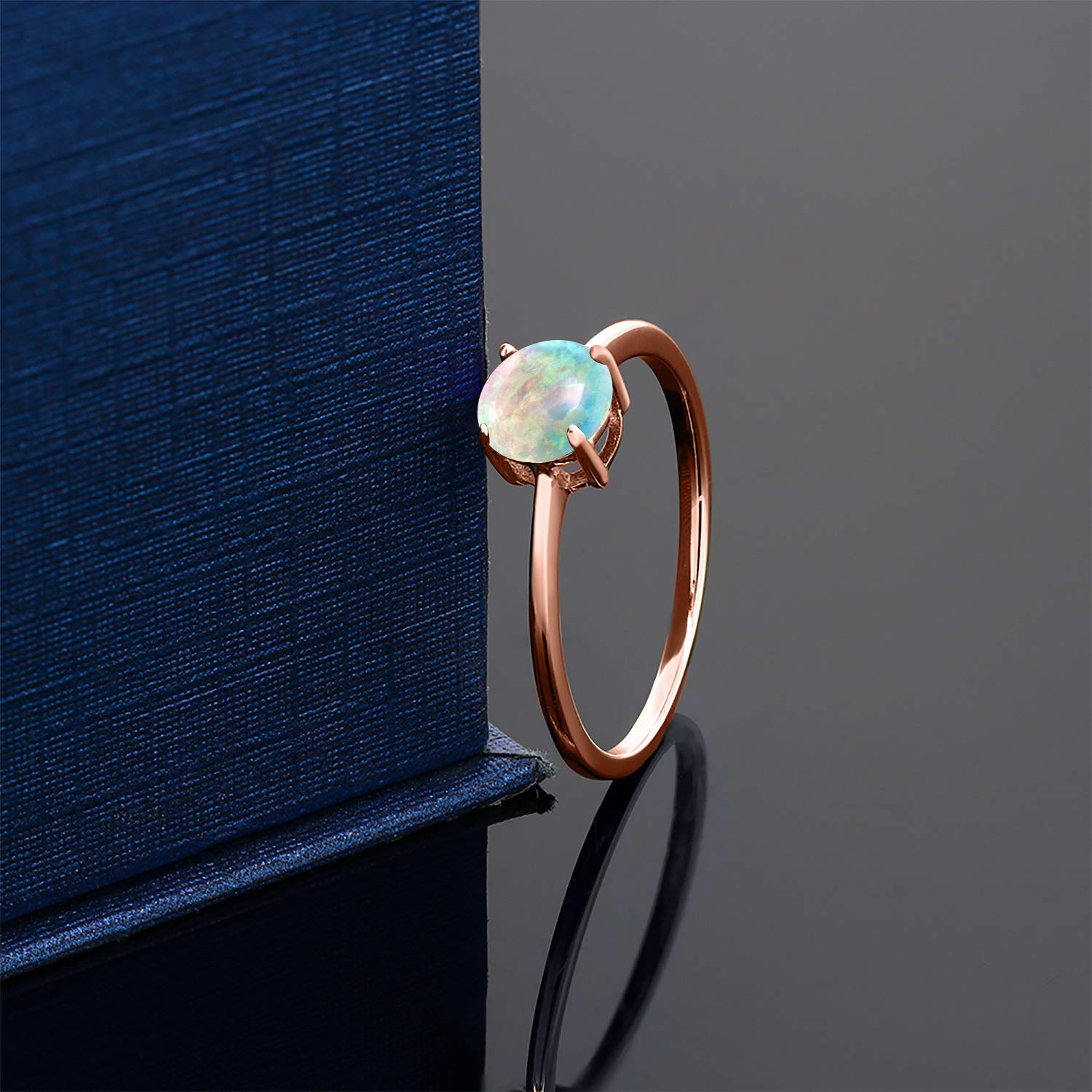 Gem Stone King 10K Rose Gold White Simulated Opal Solitaire Engagement Ring For Women (1.00 Cttw, Round Cabochon 6MM, Gemstone October Birthstone, Size 9)