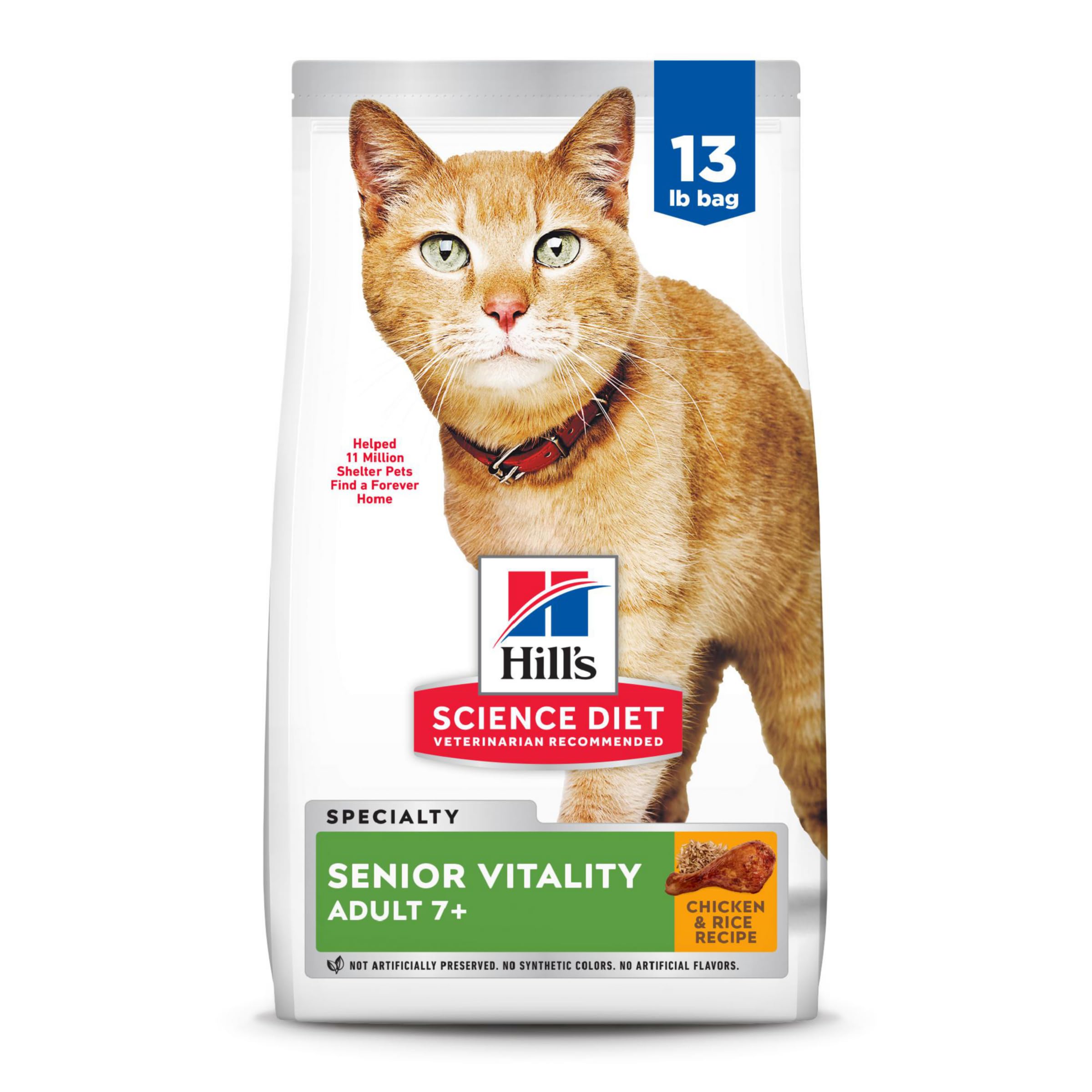 Hill's Science Diet Senior Vitality, Senior Adult 7+, Senior Premium Nutrition, Dry Cat Food, Chicken & Rice, 13 lb Bag