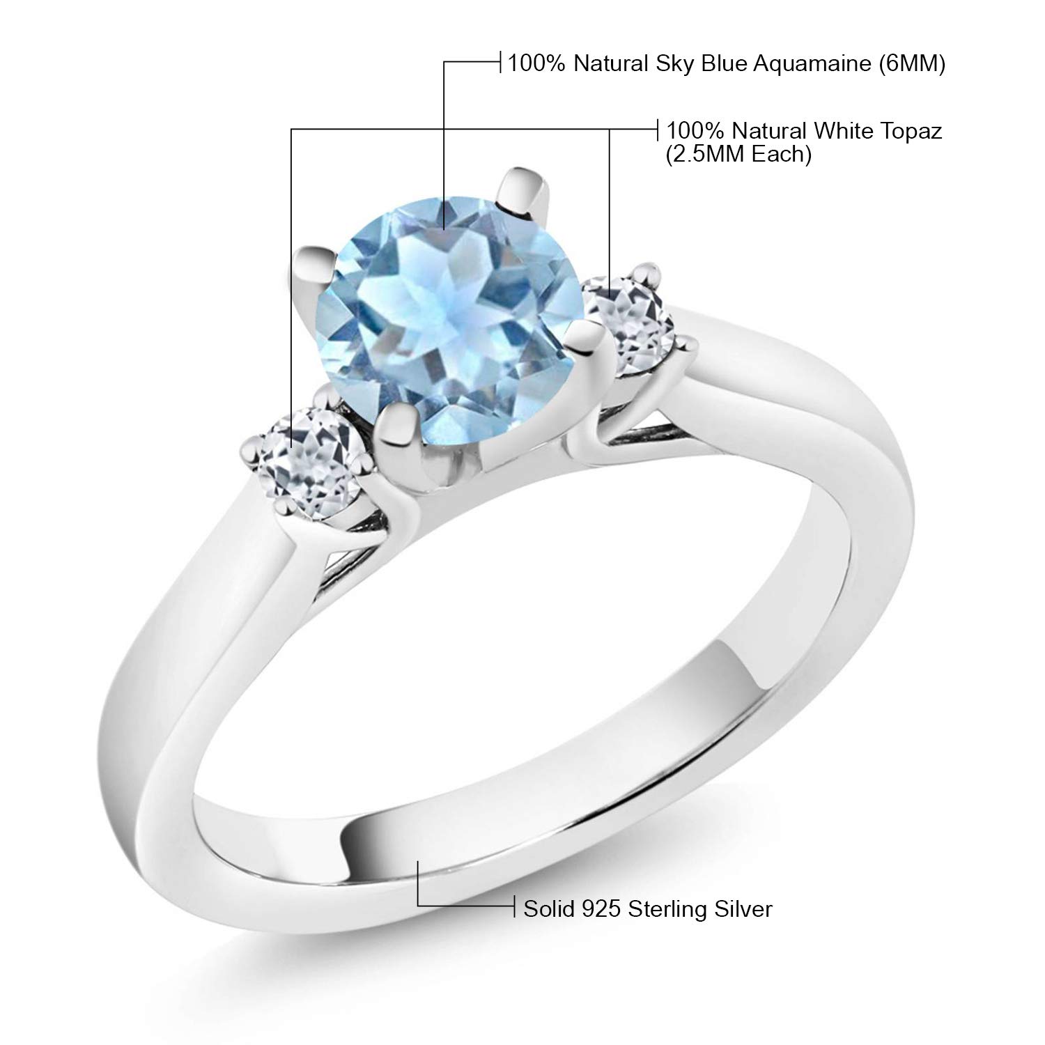 Gem Stone King 925 Sterling Silver Sky Blue Aquamarine and White Topaz 3-Stone Engagement Ring For Women (0.92 Cttw, Round 6MM, Gemstone March Birthstone, Size 7)