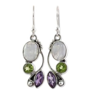 novica artisan handcrafted multigemstone dangle earrings | .925 sterling silver handmade dangle earrings | rainbow moonstone clear green multicolor purple dangle earring | natural glamour themed