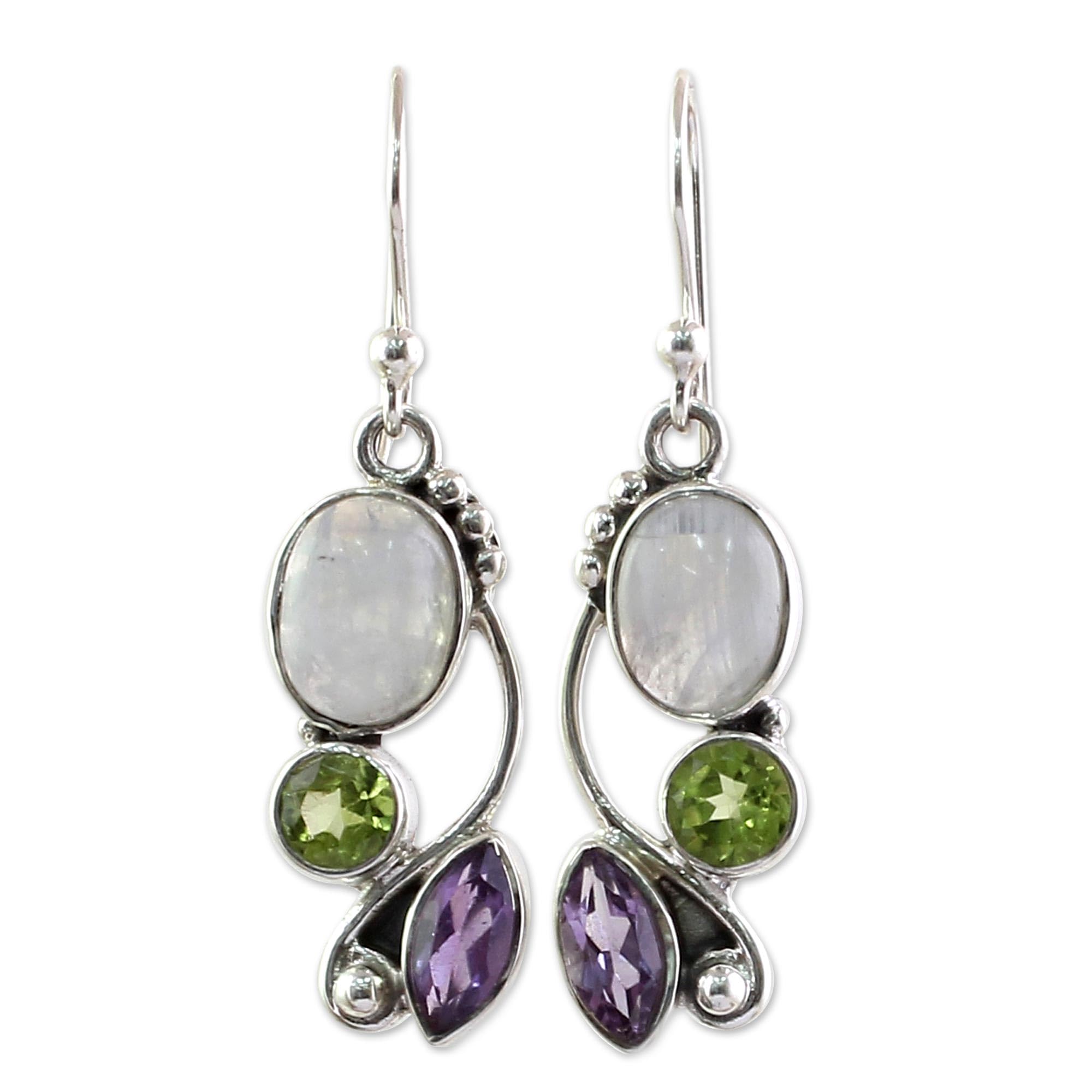 NOVICA Artisan Handcrafted Multigemstone Dangle Earrings | .925 Sterling Silver Handmade Dangle Earrings | Rainbow Moonstone Clear Green Multicolor Purple Dangle Earring | Natural Glamour Themed