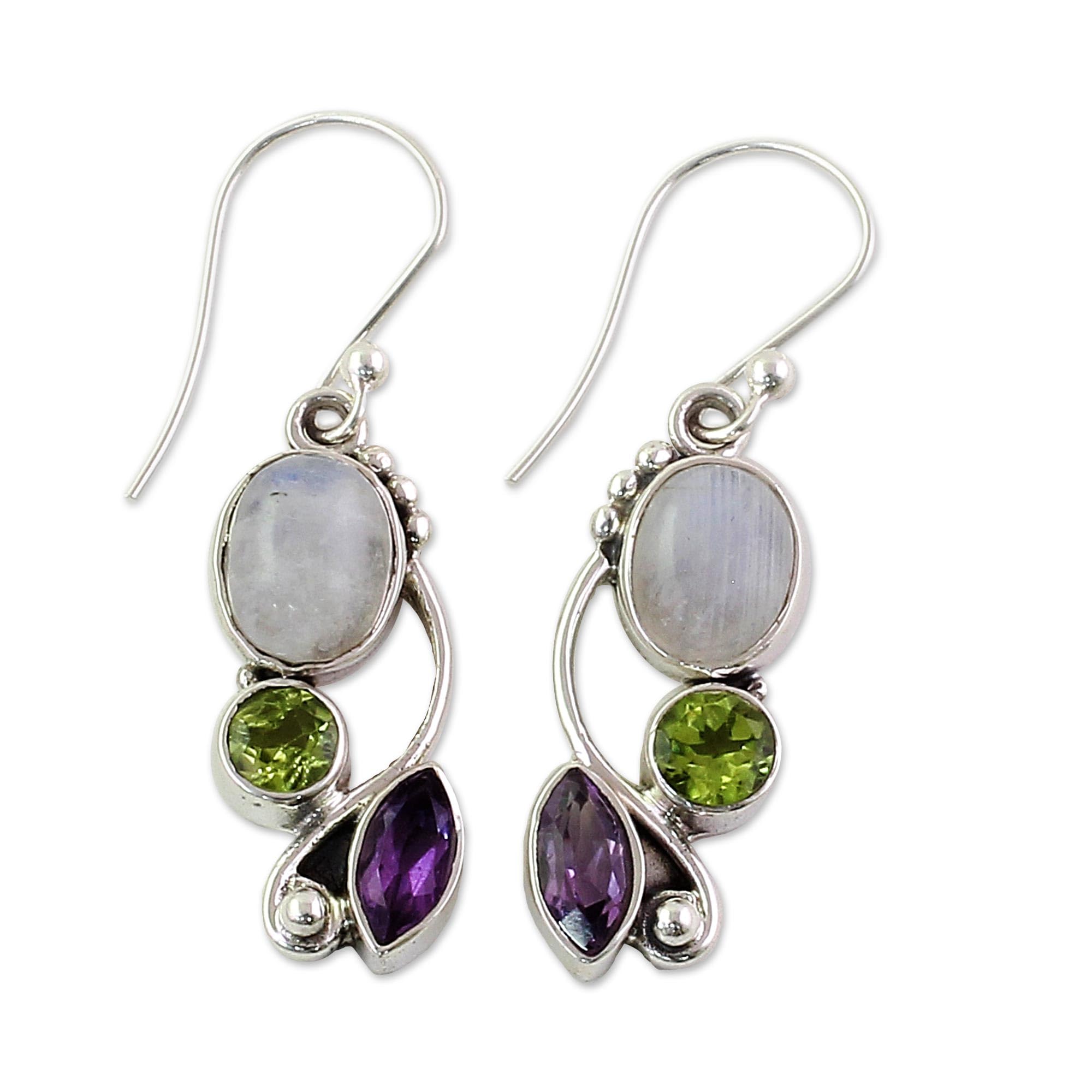 NOVICA Artisan Handcrafted Multigemstone Dangle Earrings | .925 Sterling Silver Handmade Dangle Earrings | Rainbow Moonstone Clear Green Multicolor Purple Dangle Earring | Natural Glamour Themed