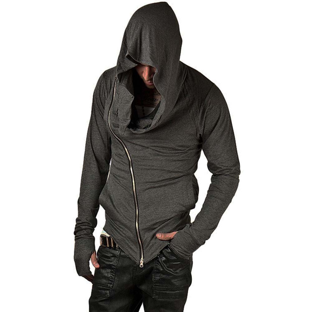 ZUEVI Men's Hoodies Cool Side Zipper Assassin's Robe Jacket Cosplay Hooded Sweatshirts (GREY-M)