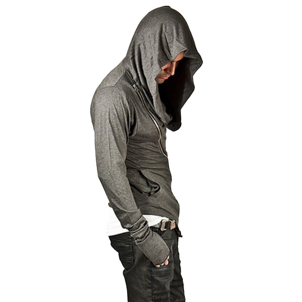 ZUEVI Men's Hoodies Cool Side Zipper Assassin's Robe Jacket Cosplay Hooded Sweatshirts (GREY-M)