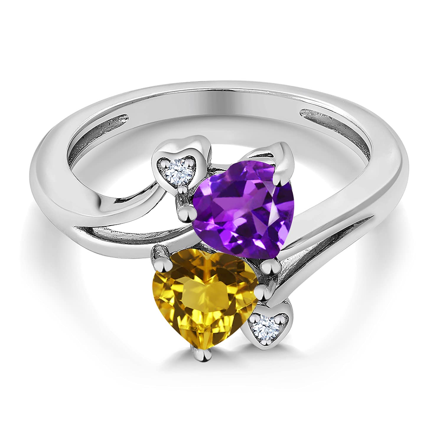 Gem Stone King 925 Sterling Silver Purple Amethyst Yellow Citrine Ring For Women (1.38 Cttw, Heart Shape 6MM, Gemstone February Birthstone, Available In Size 5, 6, 7, 8, 9)