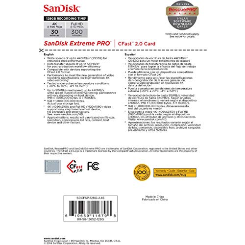 Sandisk Extreme Pro - Flash memory Card - 128 GB - CFast 2.0 - Silver (SDCFSP-128G-A46D)