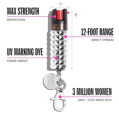 BLINGSTING Pepper Spray - Professional Grade, Maximum Strength with 1.4 Major Capsaicinoids & 12ft Effective Range - Silver, 1 Count