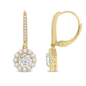 Everyday Elegance 14K Solid Yellow Gold Leverback Earrings Round "Halo" Cubic Zirconia Drop Dangle Basket Setting 2.0 CTW With Gift Box