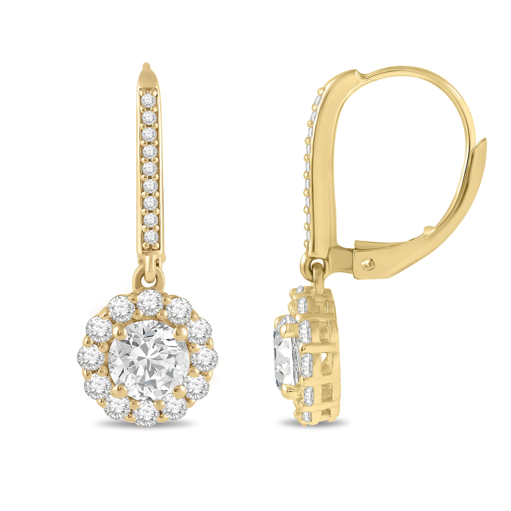 Everyday Elegance 14K Solid Yellow Gold Leverback Earrings Round "Halo" Cubic Zirconia Drop Dangle Basket Setting 2.0 CTW With Gift Box