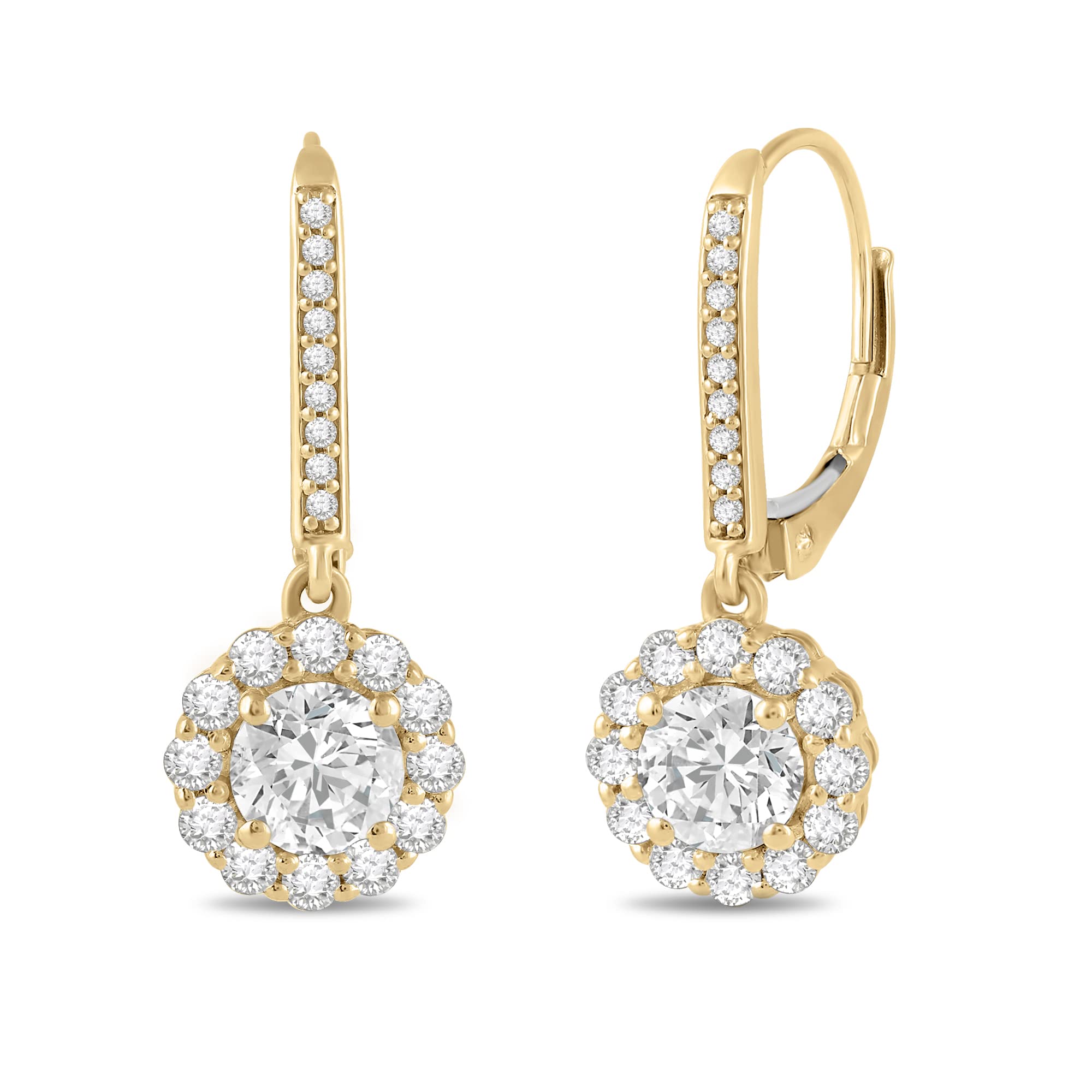 Everyday Elegance 14K Solid Yellow Gold Leverback Earrings Round "Halo" Cubic Zirconia Drop Dangle Basket Setting 2.0 CTW With Gift Box