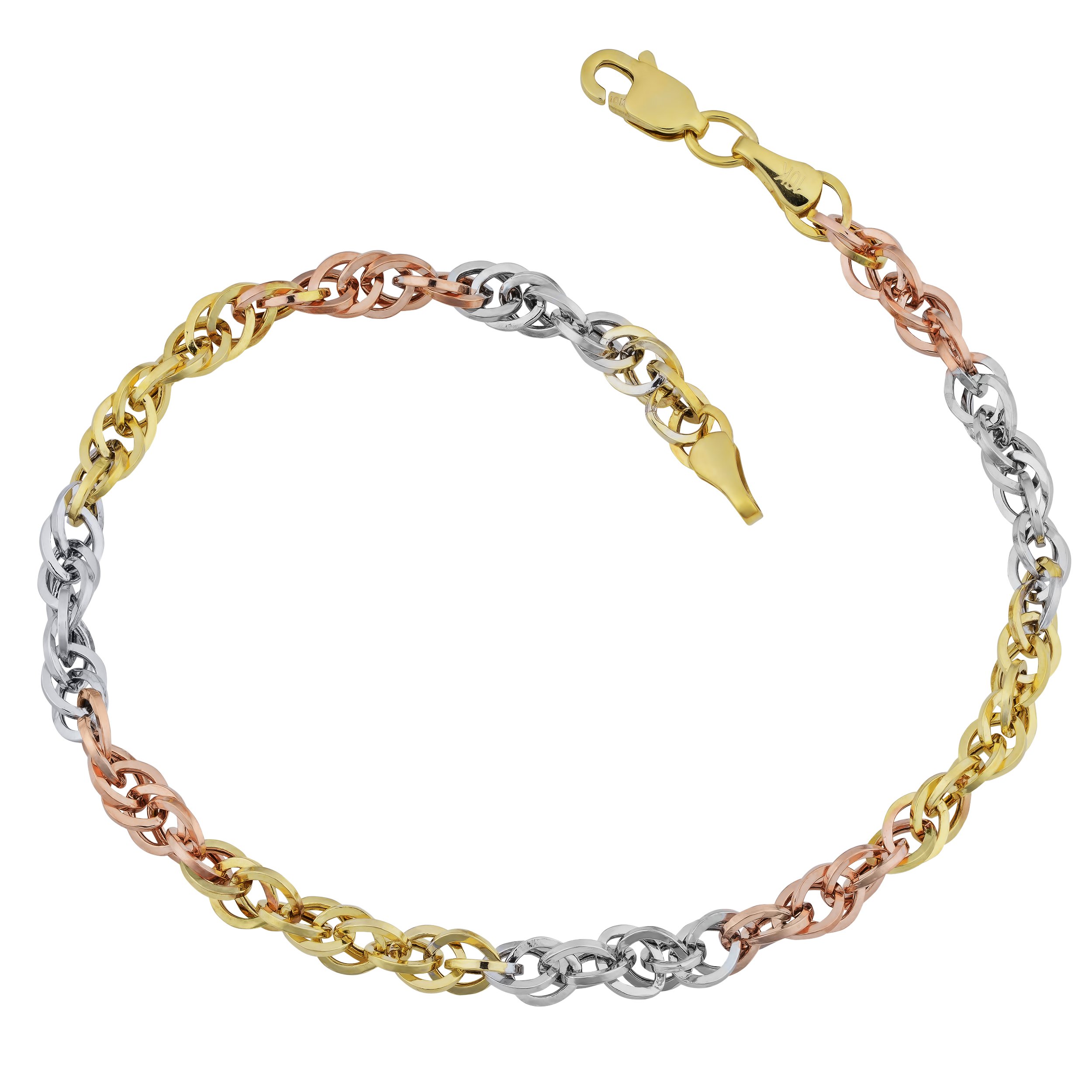 Kooljewelry 10k Tricolor Gold Double Cable Link Bracelet (7.25 inch)