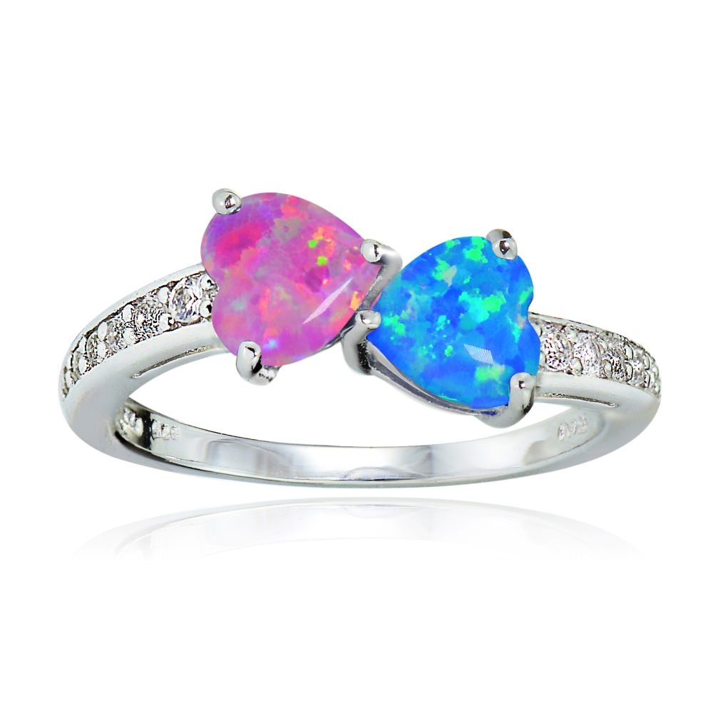 Ice Gems Sterling Silver Created Pink and Blue Opal and White Topaz Hearts Friendship Ring, size 7