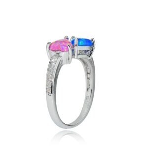 Ice Gems Sterling Silver Created Pink and Blue Opal and White Topaz Hearts Friendship Ring, size 7