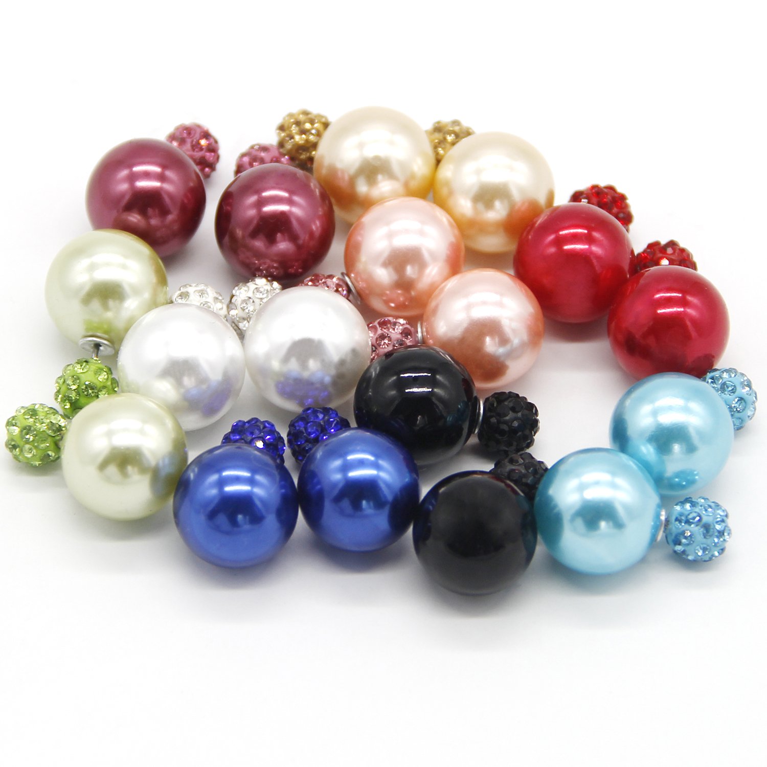 AHIER 9 Pairs Bling Rhinestone Polymer Clay Studs Pearl Button Earrings, Double Ball Earring, Jewelry Piercing Ear Ring