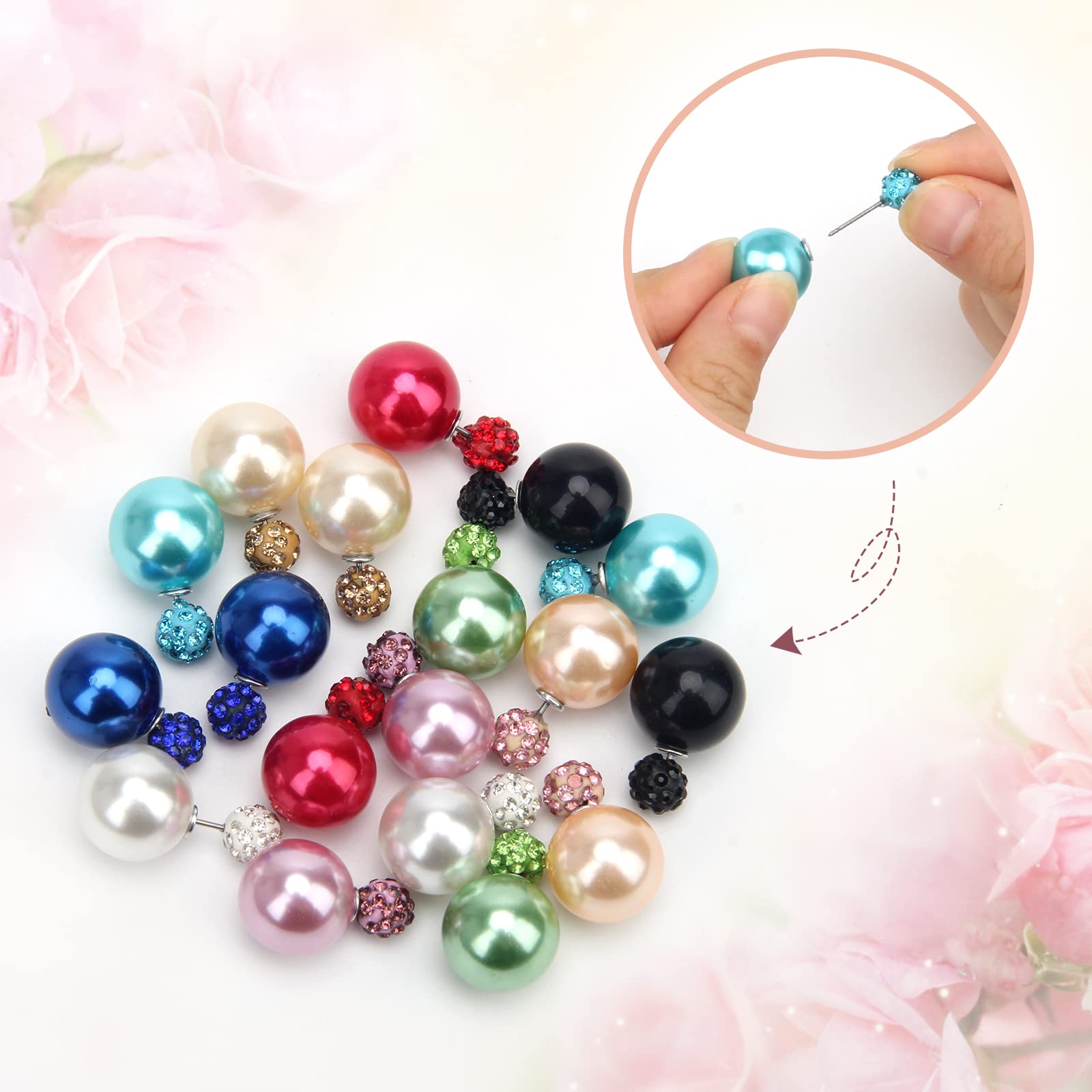 AHIER 9 Pairs Bling Rhinestone Polymer Clay Studs Pearl Button Earrings, Double Ball Earring, Jewelry Piercing Ear Ring