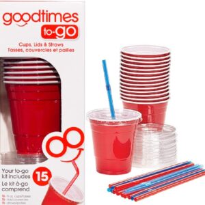 Goodtimes 9oz Kids Cups To-Go Kits With Lids And Straws (15 cups, Red)