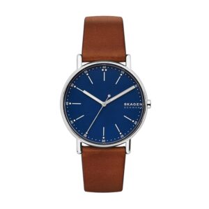 skagen men's signatur three-hand silver stainless steel and brown leather band watch (model: skw6355)