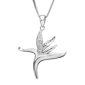 Aloha Jewelry Company 925 Sterling Silver Hawaiian Bird of Paradise Tropical Plant with Cubic Zirconia Pendant with 18" Box Chain, Nickle Free Hypoallergenic for Sensitive Skin, Gift Box Included