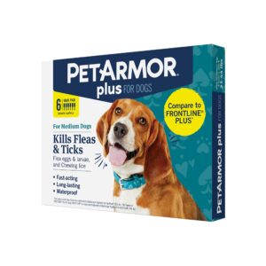 petarmor plus flea and tick prevention for dogs, dog flea and tick treatment, 6 doses, waterproof topical, fast acting, medium dogs (23-44 lbs)